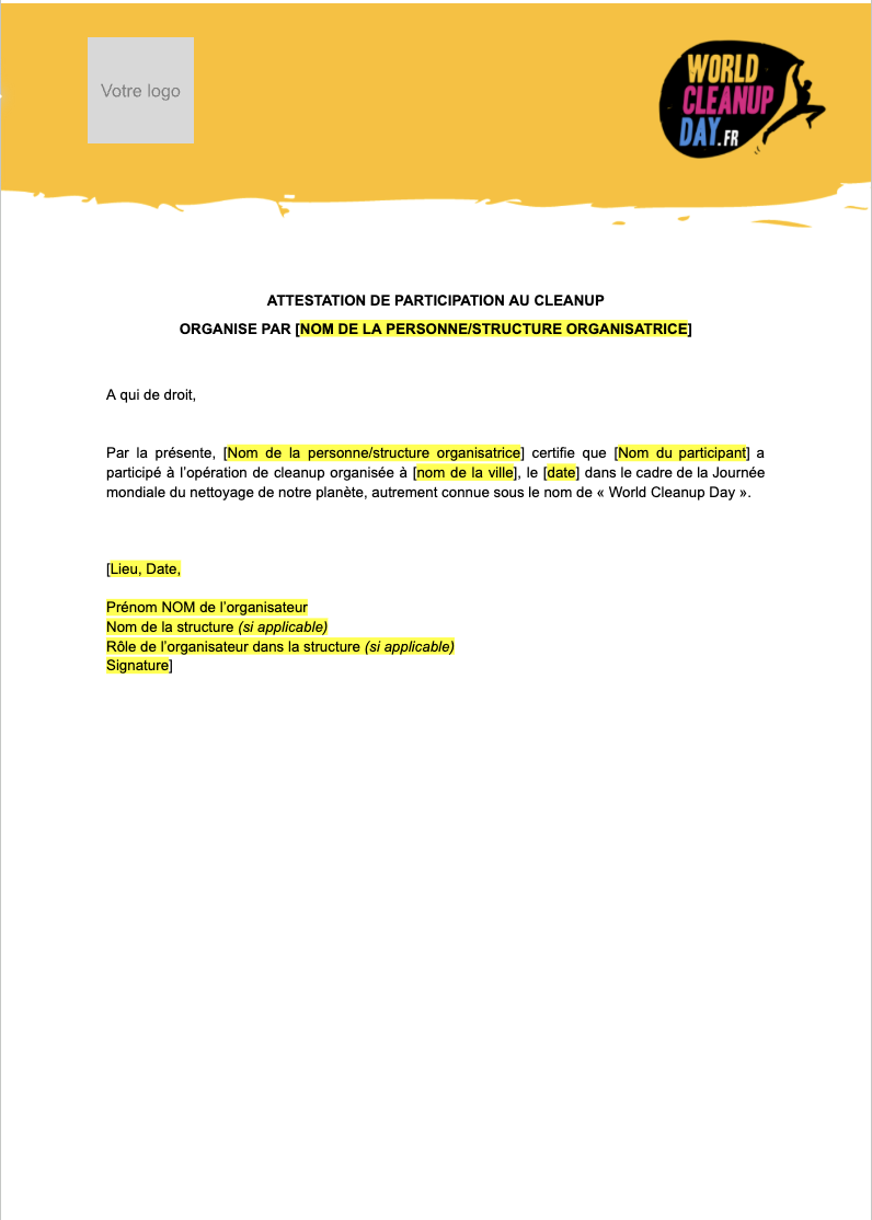 Attestation Participation Modèle